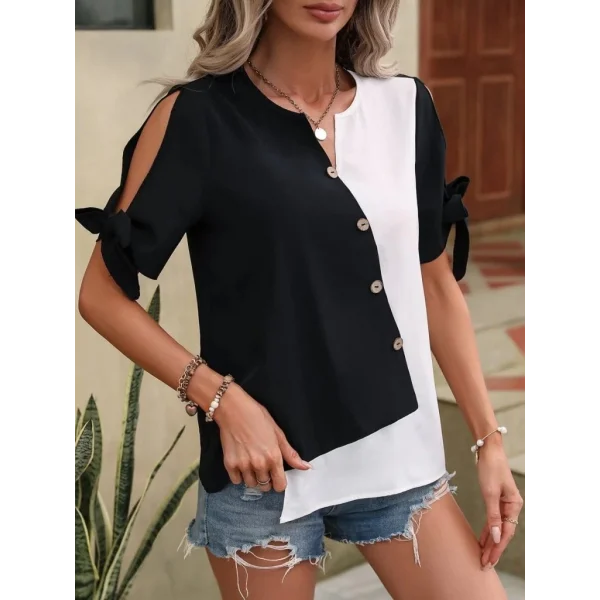 Kadın Kısa Kollu Kollardan Bağlamalı önden Asimetrik Kesim çift Renk Detaylı Düğmeli Ithal Krep Bluz