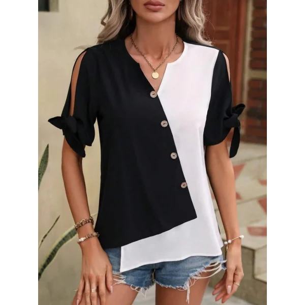 Kadın Kısa Kollu Kollardan Bağlamalı önden Asimetrik Kesim çift Renk Detaylı Düğmeli Ithal Krep Bluz