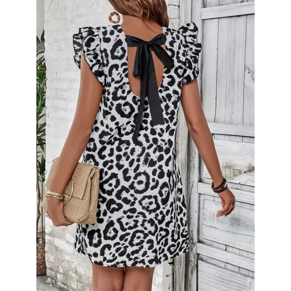 Kadın Kısa Kollu Kolları Fırfır Detay Arkası Bağlamalı Leopar Desen Kolsuz Mini Mikro Elbise