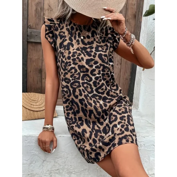 Kadın Kısa Kollu Kolları Fırfır Detay Arkası Bağlamalı Leopar Desen Kolsuz Mini Mikro Elbise