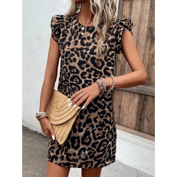 Kadın Kısa Kollu Kolları Fırfır Detay Arkası Bağlamalı Leopar Desen Kolsuz Mini Mikro Elbise