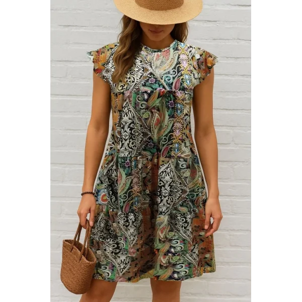 Kadın Kısa Kollu Kolları Fırfırlı Bisiklet Yakalı Kare Desenli Elbise