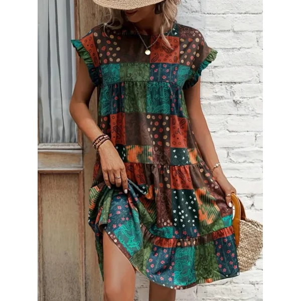 Kadın Kısa Kollu Kolları Fırfırlı Bisiklet Yakalı Kare Desenli Elbise