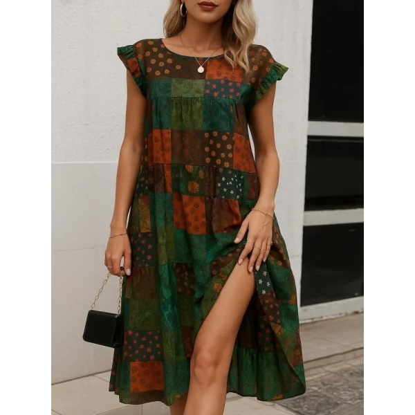 Kadın Kısa Kollu Kolları Fırfırlı Bisiklet Yakalı Kare Desenli Elbise