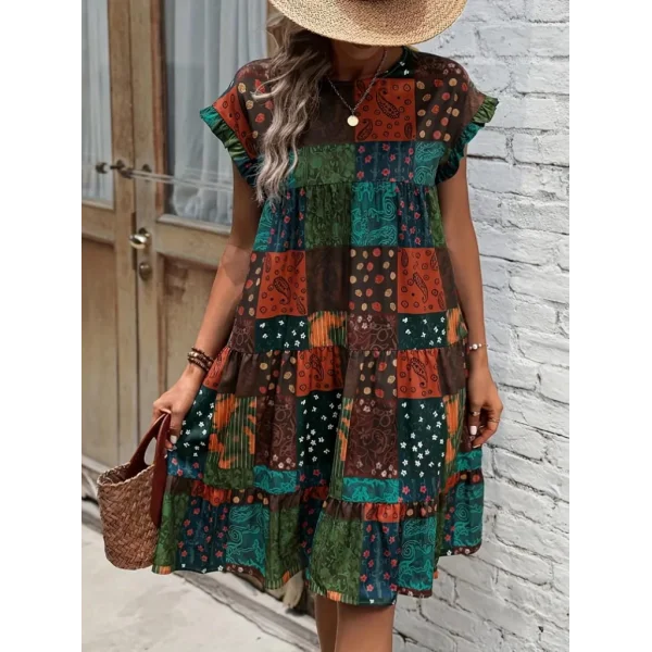 Kadın Kısa Kollu Kolları Fırfırlı Bisiklet Yakalı Kare Desenli Elbise