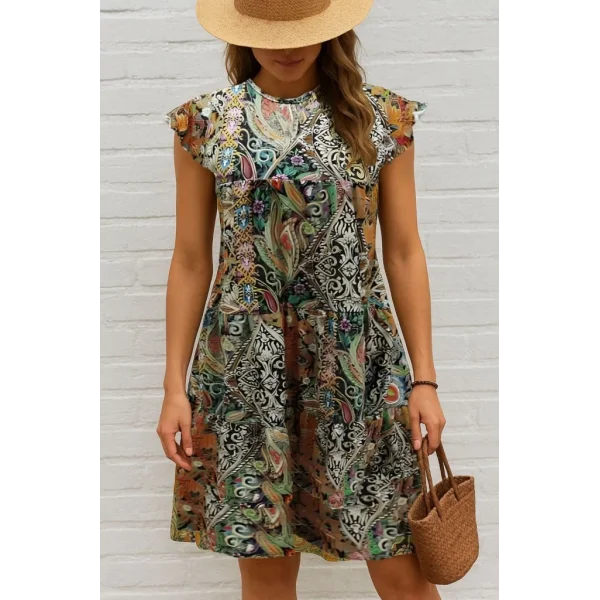 Kadın Kısa Kollu Kolları Fırfırlı Bisiklet Yakalı Kare Desenli Elbise