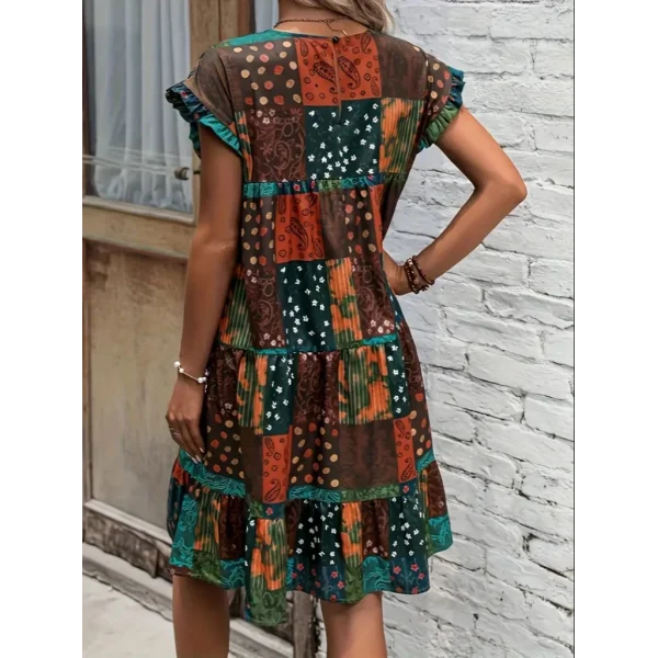 Kadın Kısa Kollu Kolları Fırfırlı Bisiklet Yakalı Kare Desenli Elbise