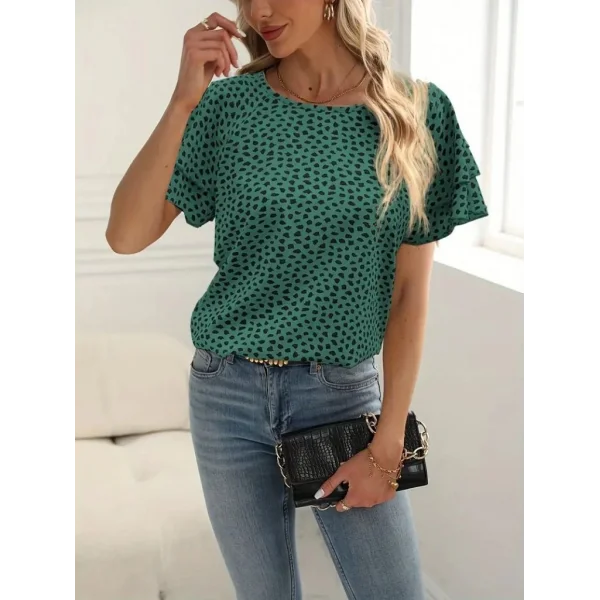 Kadın Kısa Kollu Kolları Volanlı Baskılı Süprem Bluz