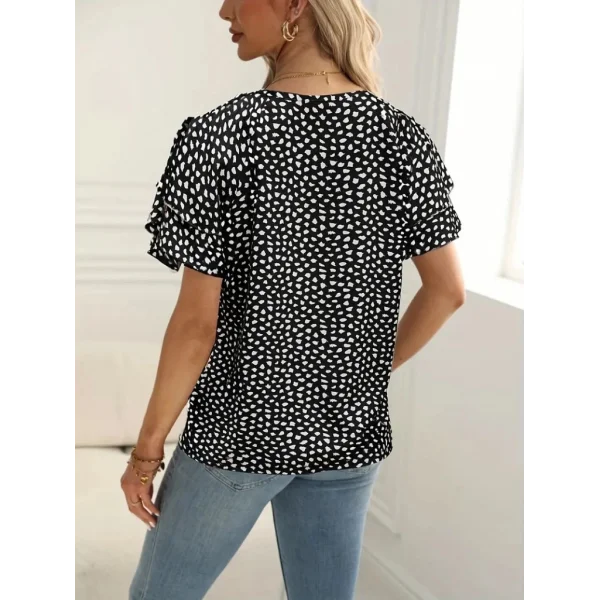 Kadın Kısa Kollu Kolları Volanlı Baskılı Süprem Bluz