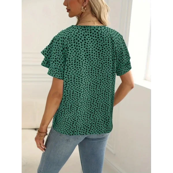 Kadın Kısa Kollu Kolları Volanlı Baskılı Süprem Bluz