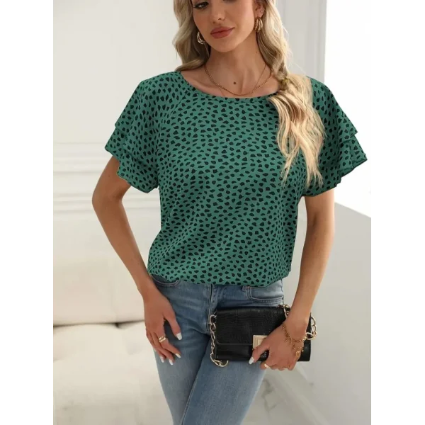 Kadın Kısa Kollu Kolları Volanlı Baskılı Süprem Bluz