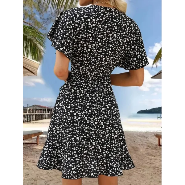 Kadın Kısa Kollu Kolu Ve Eteği Volanlı Fırfırlı çiçek Desenli Mini Elbise