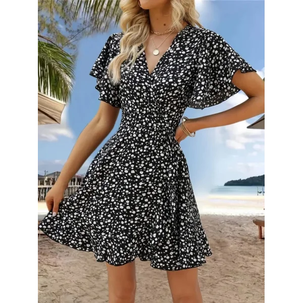 Kadın Kısa Kollu Kolu Ve Eteği Volanlı Fırfırlı çiçek Desenli Mini Elbise