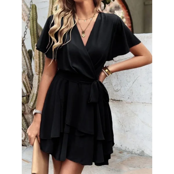 Kadın Kısa Kollu Kruvaze Yaka Belden Kuşaklı Kısa Sandy Elbise