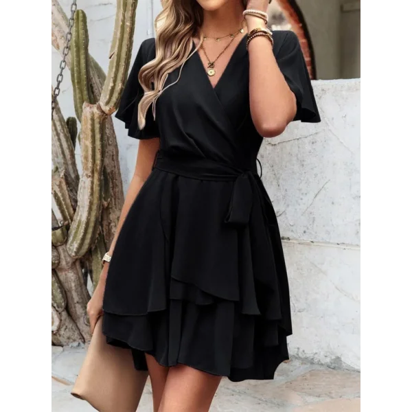 Kadın Kısa Kollu Kruvaze Yaka Belden Kuşaklı Kısa Sandy Elbise