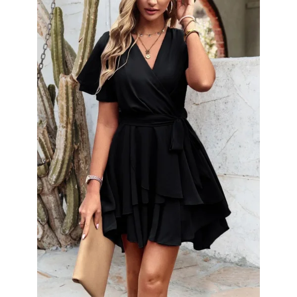 Kadın Kısa Kollu Kruvaze Yaka Belden Kuşaklı Kısa Sandy Elbise