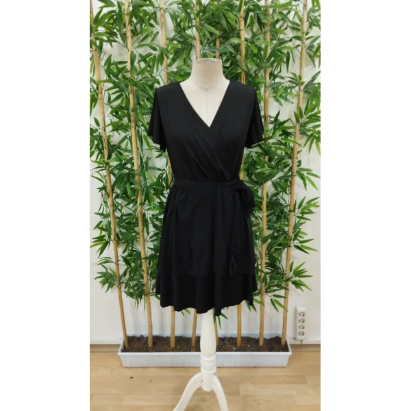 Kadın Kısa Kollu Kruvaze Yaka Belden Kuşaklı Kısa Sandy Elbise