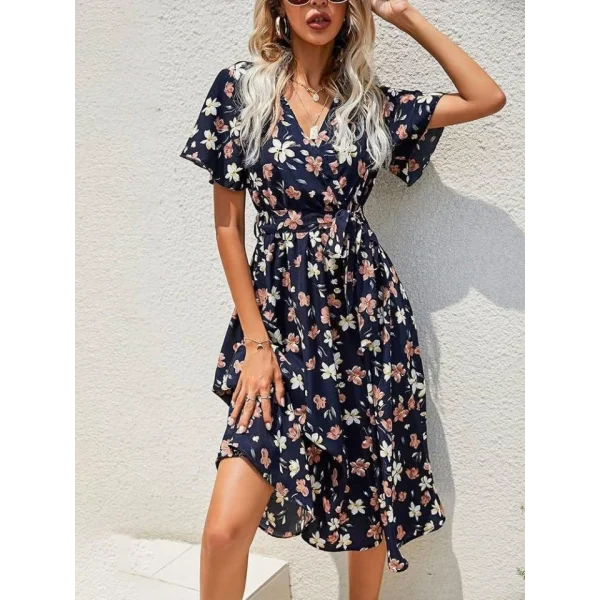 Kadın Kısa Kollu Kruvaze Yaka Beli Kuşaklı çiçek Baskılı Süprem Elbise
