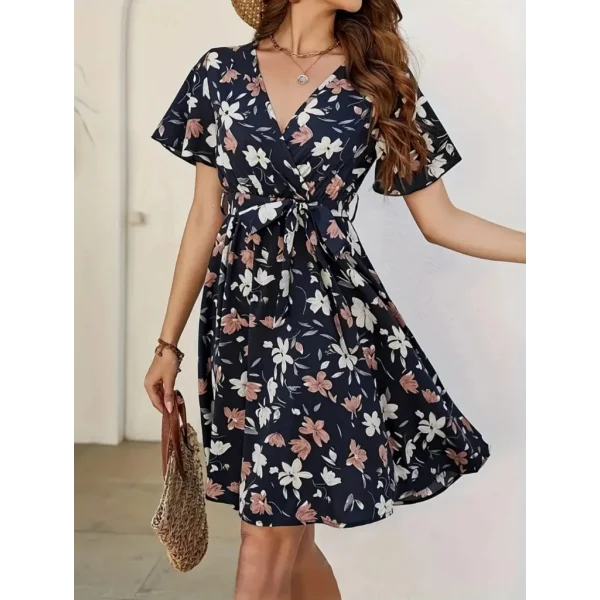 Kadın Kısa Kollu Kruvaze Yaka Beli Kuşaklı çiçek Baskılı Süprem Elbise