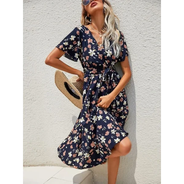Kadın Kısa Kollu Kruvaze Yaka Beli Kuşaklı çiçek Baskılı Süprem Elbise