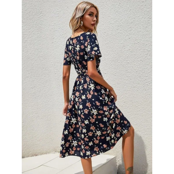Kadın Kısa Kollu Kruvaze Yaka Beli Kuşaklı çiçek Baskılı Süprem Elbise