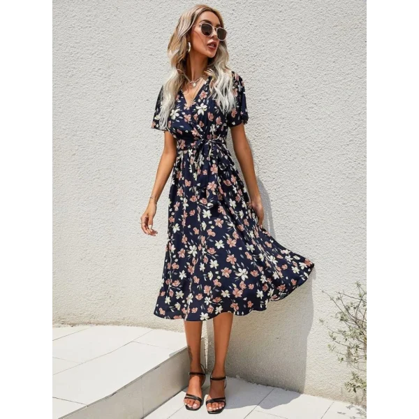 Kadın Kısa Kollu Kruvaze Yaka Beli Kuşaklı çiçek Baskılı Süprem Elbise