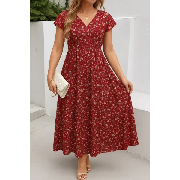 Kadın Kısa Kollu Kruvaze Yaka Beli Lastikli çiçek Desenli Elbise