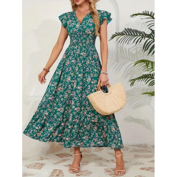 Kadın Kısa Kollu Kruvaze Yaka Beli Lastikli çiçek Desenli Elbise