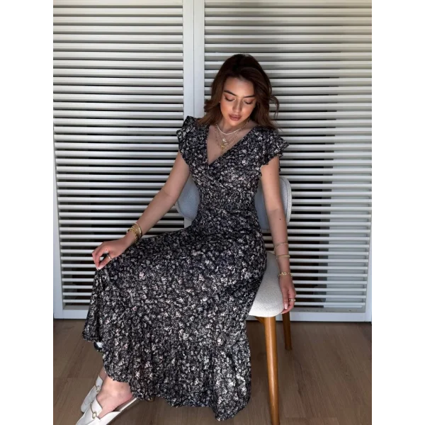 Kadın Kısa Kollu Kruvaze Yaka Beli Lastikli çiçek Desenli Elbise