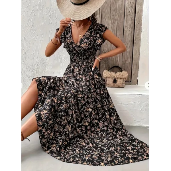 Kadın Kısa Kollu Kruvaze Yaka Beli Lastikli çiçek Desenli Elbise