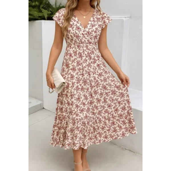 Kadın Kısa Kollu Kruvaze Yaka Beli Lastikli çiçek Desenli Elbise