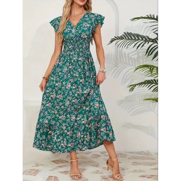 Kadın Kısa Kollu Kruvaze Yaka Beli Lastikli çiçek Desenli Elbise