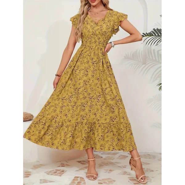 Kadın Kısa Kollu Kruvaze Yaka Beli Lastikli çiçek Desenli Elbise