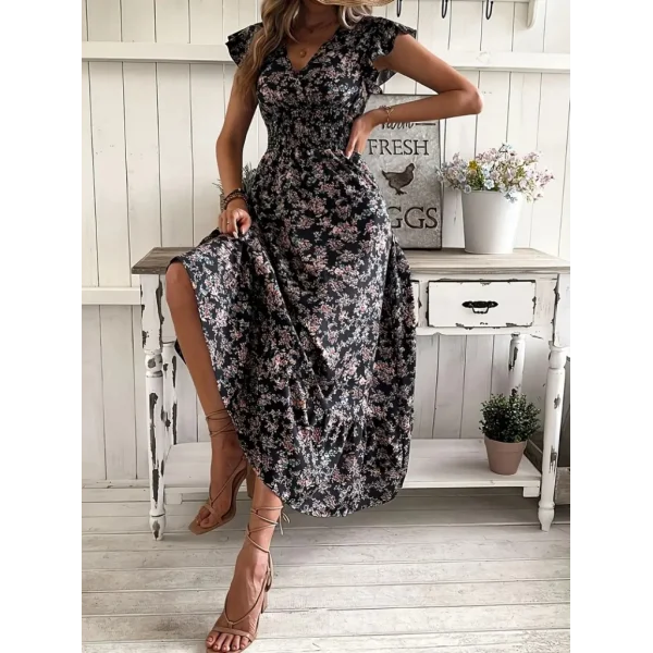 Kadın Kısa Kollu Kruvaze Yaka Beli Lastikli çiçek Desenli Elbise