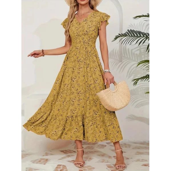 Kadın Kısa Kollu Kruvaze Yaka Beli Lastikli çiçek Desenli Elbise
