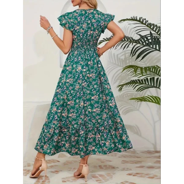 Kadın Kısa Kollu Kruvaze Yaka Beli Lastikli çiçek Desenli Elbise