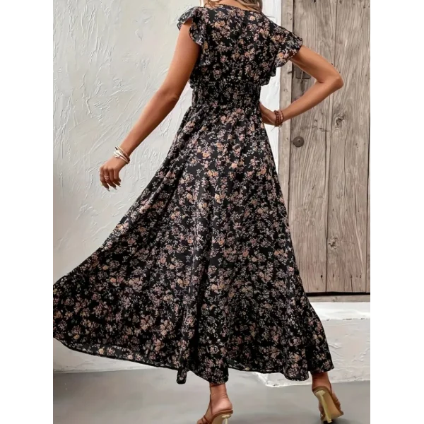 Kadın Kısa Kollu Kruvaze Yaka Beli Lastikli çiçek Desenli Elbise