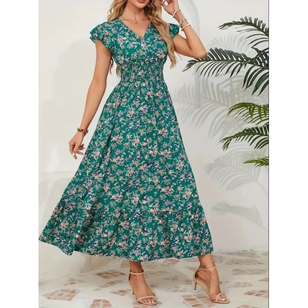 Kadın Kısa Kollu Kruvaze Yaka Beli Lastikli çiçek Desenli Elbise