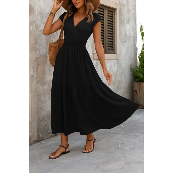 Kadın Kısa Kollu Kruvaze Yaka Beli Lastikli Süprem Maksi Boy Elbise