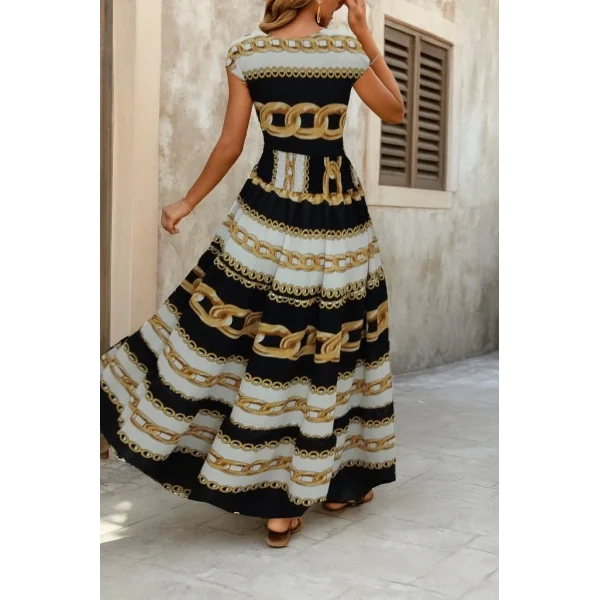 Kadın Kısa Kollu Kruvaze Yaka Beli Lastikli Süprem Maksi Boy Elbise