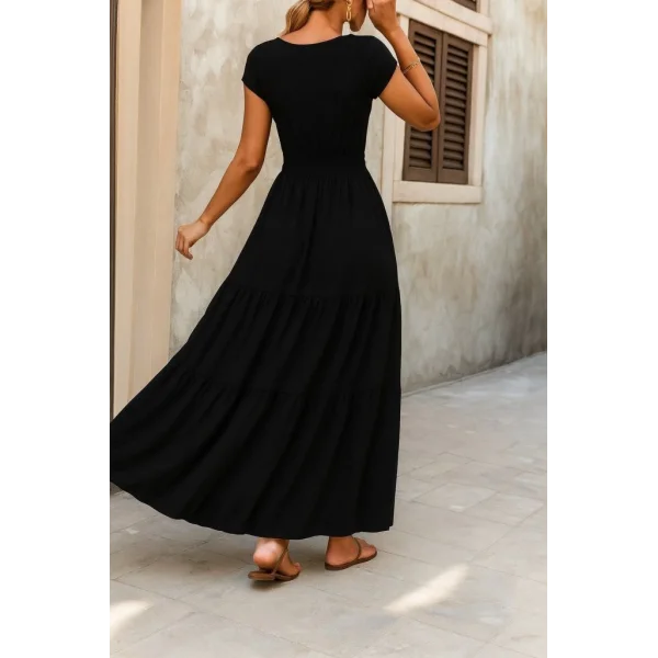 Kadın Kısa Kollu Kruvaze Yaka Beli Lastikli Süprem Maksi Boy Elbise