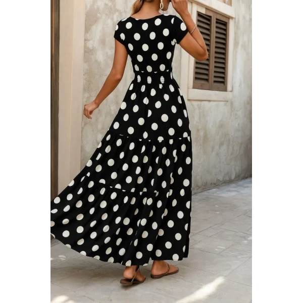 Kadın Kısa Kollu Kruvaze Yaka Beli Lastikli Süprem Maksi Boy Elbise