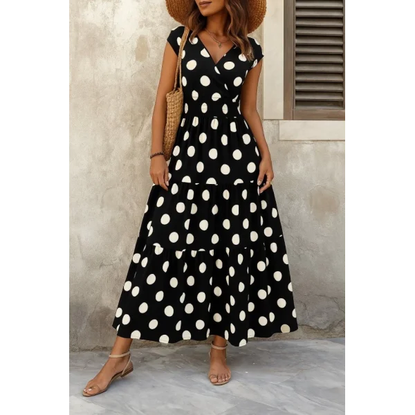 Kadın Kısa Kollu Kruvaze Yaka Beli Lastikli Süprem Maksi Boy Elbise