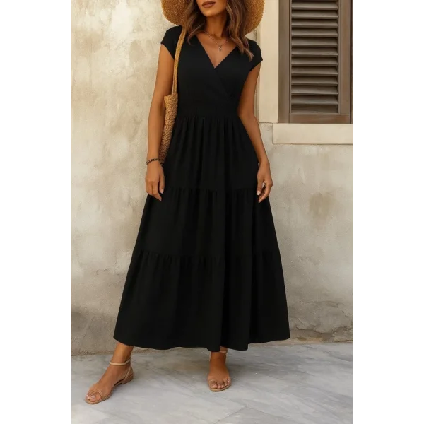 Kadın Kısa Kollu Kruvaze Yaka Beli Lastikli Süprem Maksi Boy Elbise