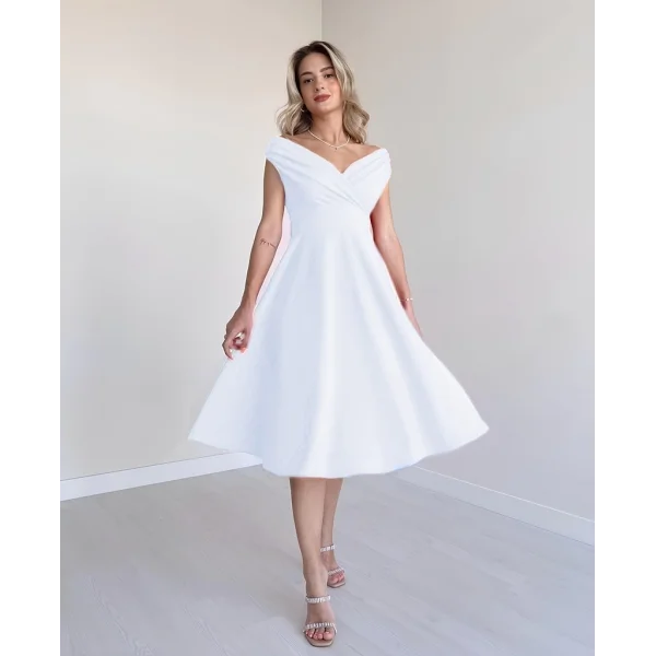 Kadın Kısa Kollu Kruvaze Yaka Eteği Volanlı Krep Elbise