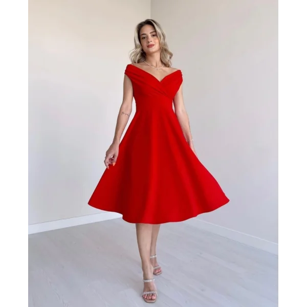 Kadın Kısa Kollu Kruvaze Yaka Eteği Volanlı Krep Elbise