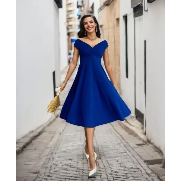 Kadın Kısa Kollu Kruvaze Yaka Eteği Volanlı Krep Elbise