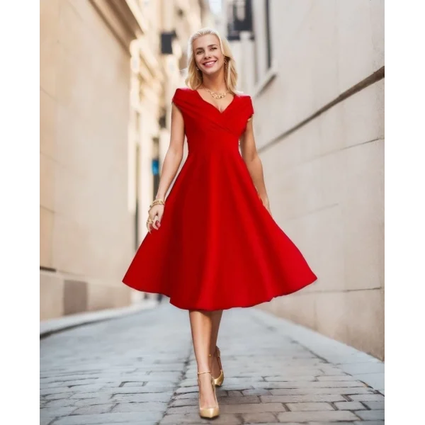 Kadın Kısa Kollu Kruvaze Yaka Eteği Volanlı Krep Elbise
