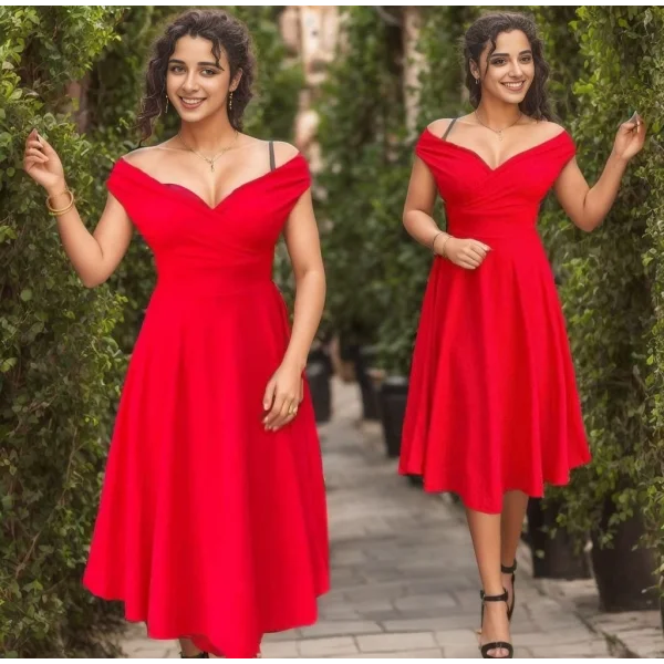 Kadın Kısa Kollu Kruvaze Yaka Eteği Volanlı Krep Elbise