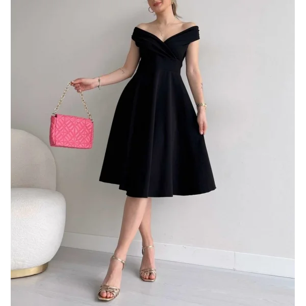 Kadın Kısa Kollu Kruvaze Yaka Eteği Volanlı Krep Elbise